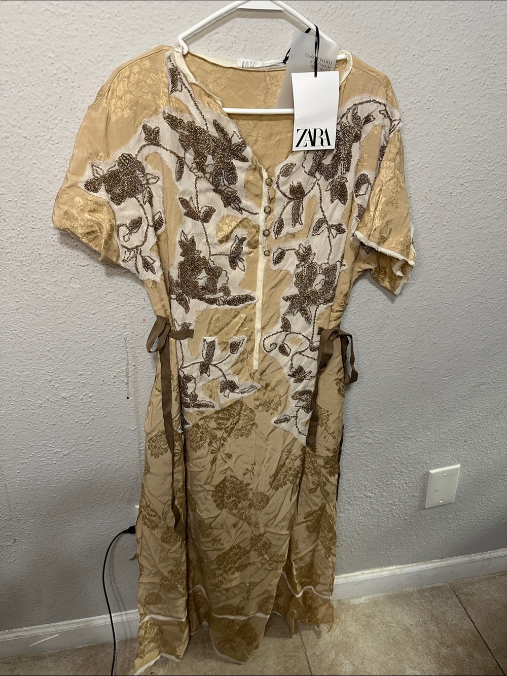 ZARA Beige and Brown Floral Embroidered Midi Dress